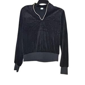 Vintage Velour Black Soft Long Sleeve Shirt Gold 80's Trimming Elastic Waist